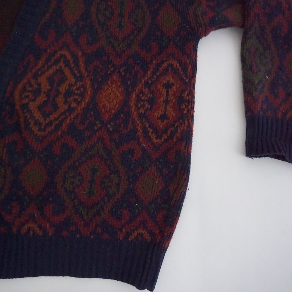 Vintage Melange Navy Burgundy Geometric Knit Button Front Cardigan Sweater L - Picture 5 of 11